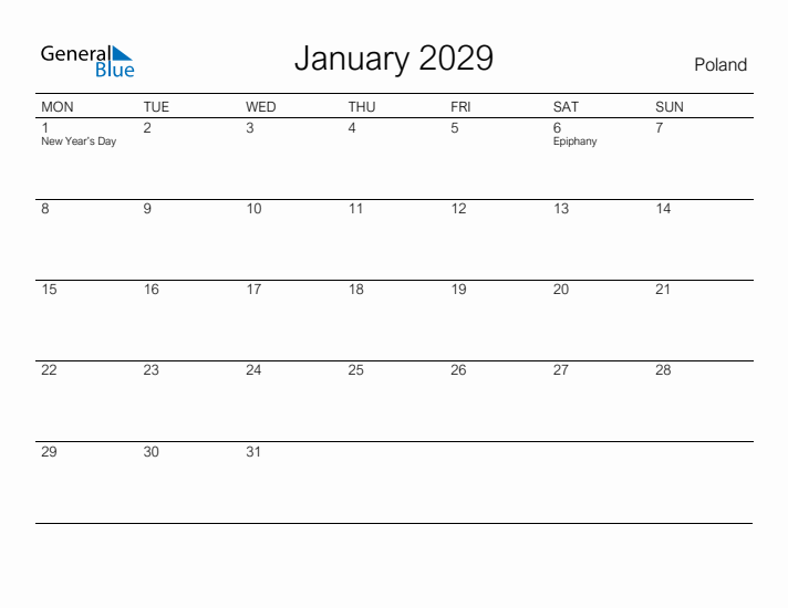 Printable January 2029 Calendar for Poland