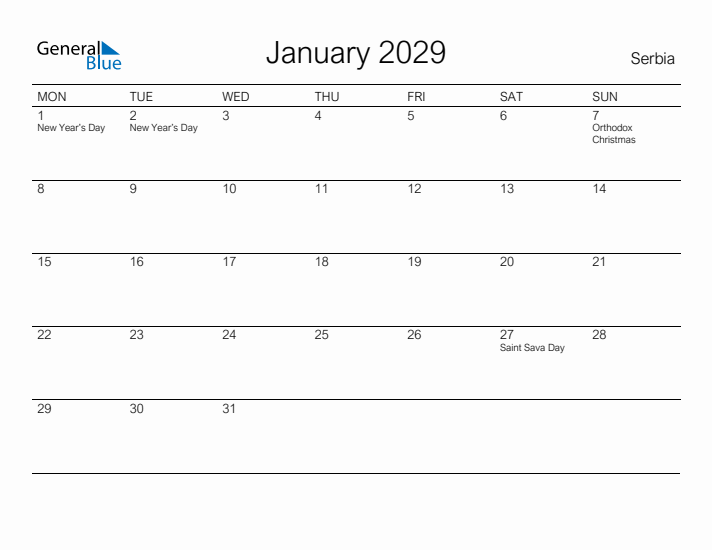 Printable January 2029 Calendar for Serbia