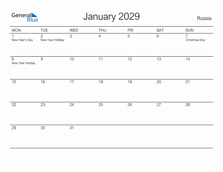 Printable January 2029 Calendar for Russia