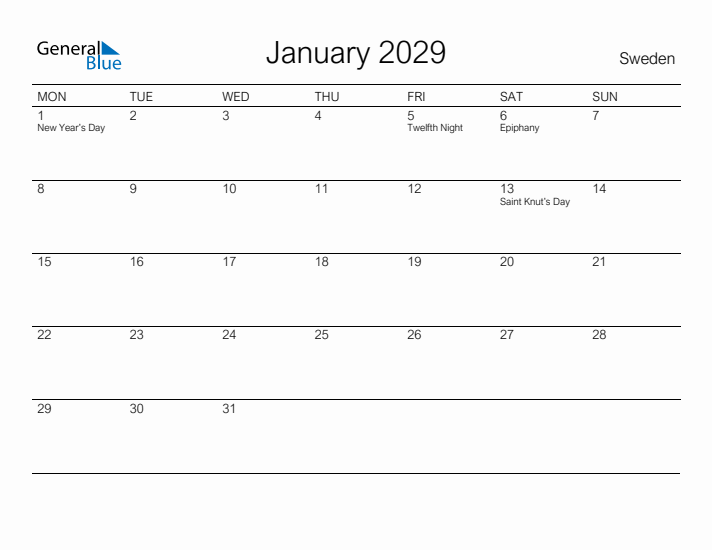 Printable January 2029 Calendar for Sweden