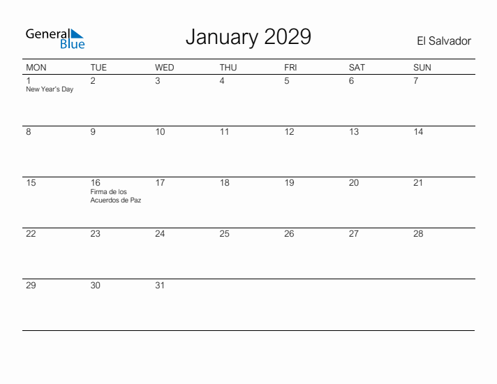 Printable January 2029 Calendar for El Salvador