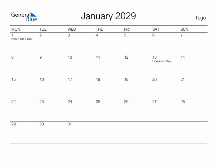 Printable January 2029 Calendar for Togo