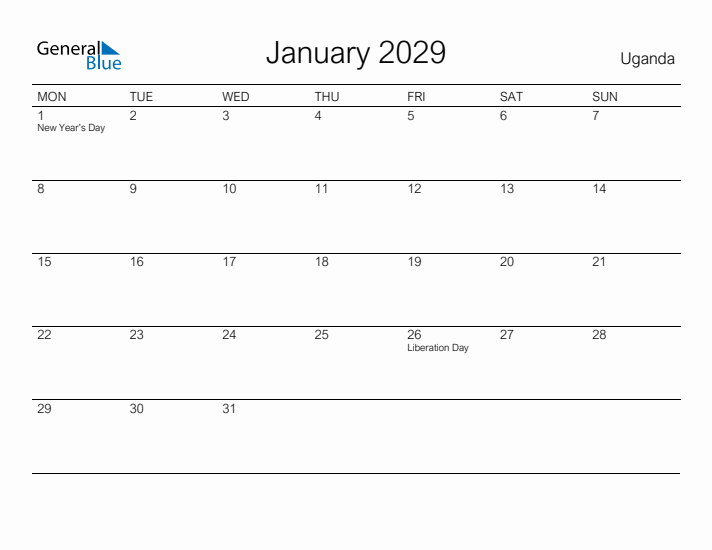 Printable January 2029 Calendar for Uganda