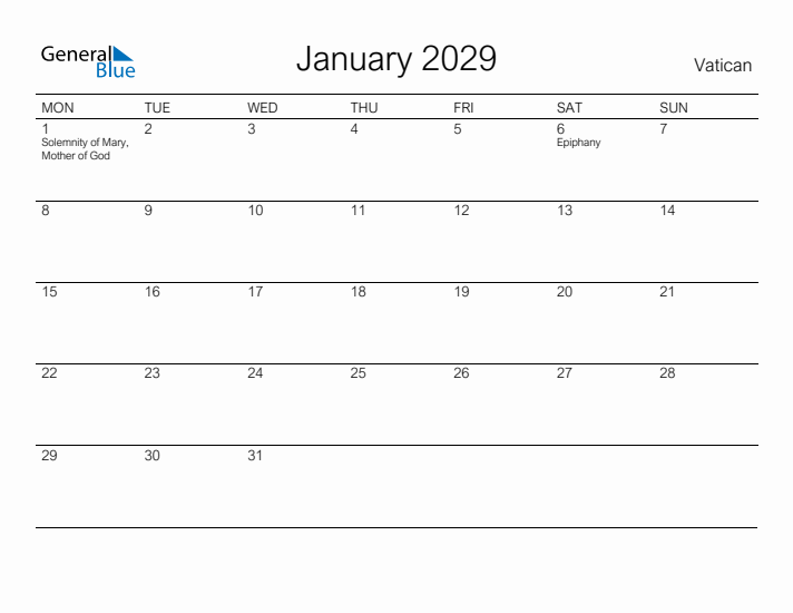 Printable January 2029 Calendar for Vatican