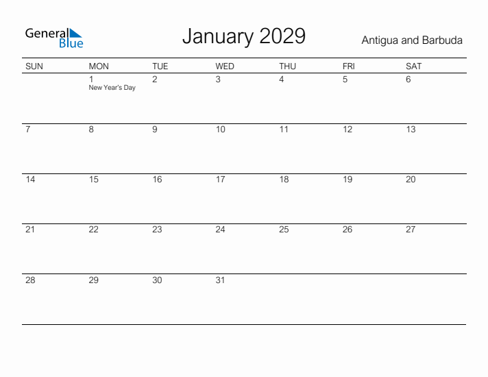 Printable January 2029 Calendar for Antigua and Barbuda