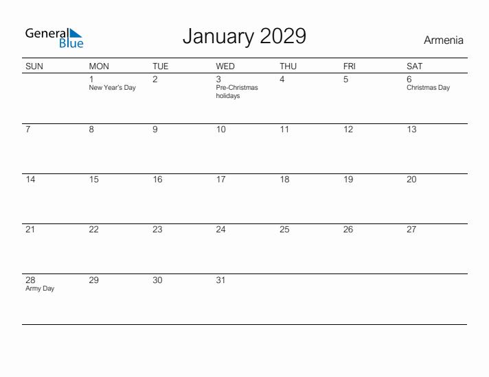 Printable January 2029 Calendar for Armenia