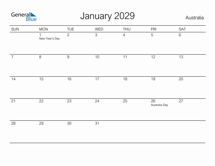 Printable January 2029 Calendar for Australia