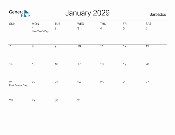 Printable January 2029 Calendar for Barbados