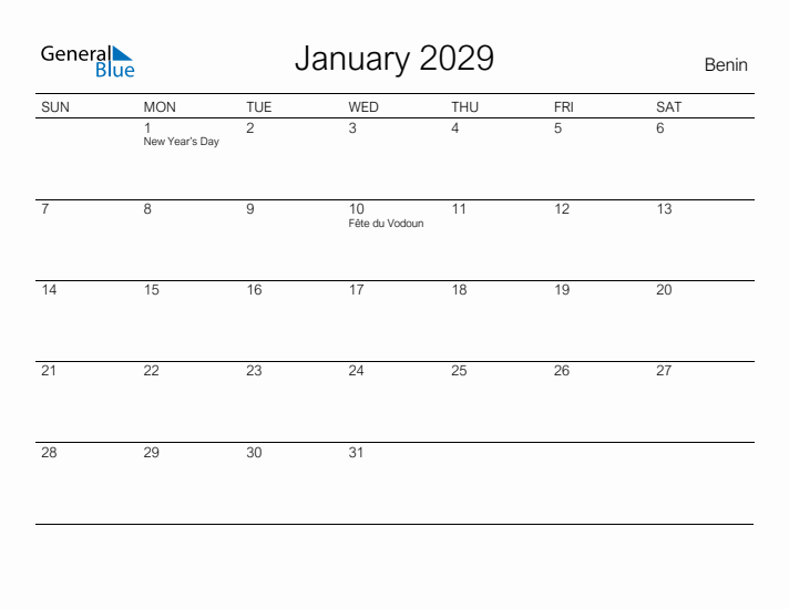 Printable January 2029 Calendar for Benin