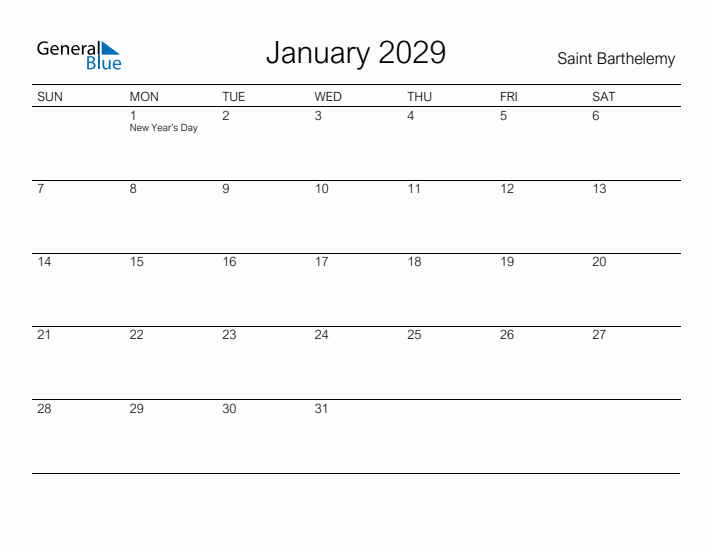 Printable January 2029 Calendar for Saint Barthelemy