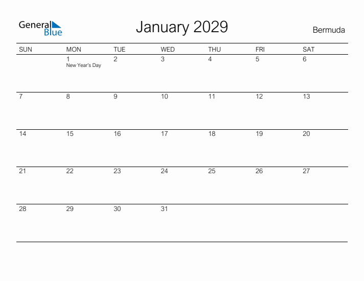 Printable January 2029 Calendar for Bermuda