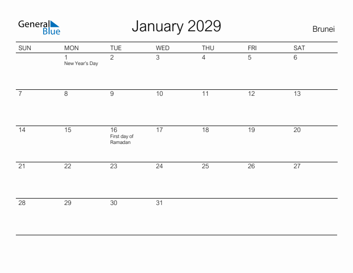 Printable January 2029 Calendar for Brunei
