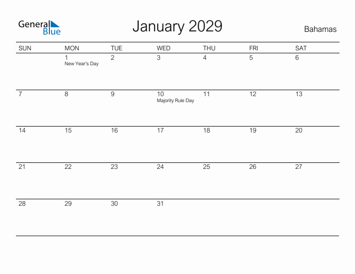 Printable January 2029 Calendar for Bahamas
