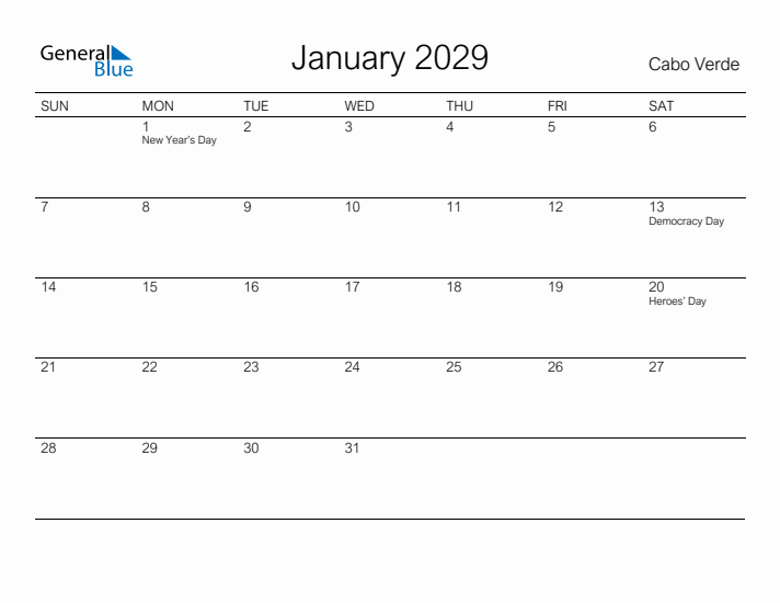 Printable January 2029 Calendar for Cabo Verde