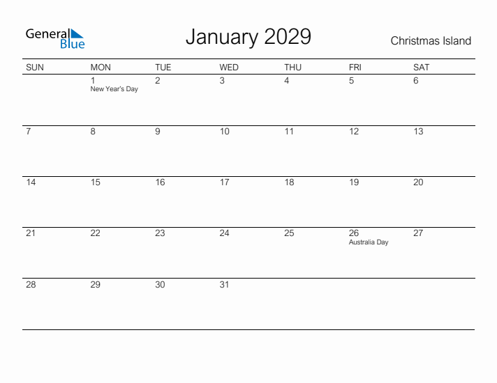 Printable January 2029 Calendar for Christmas Island