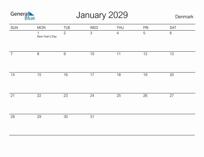 Printable January 2029 Calendar for Denmark