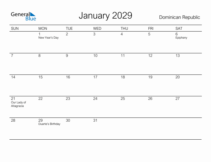 Printable January 2029 Calendar for Dominican Republic