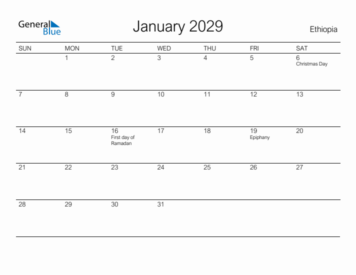 Printable January 2029 Calendar for Ethiopia