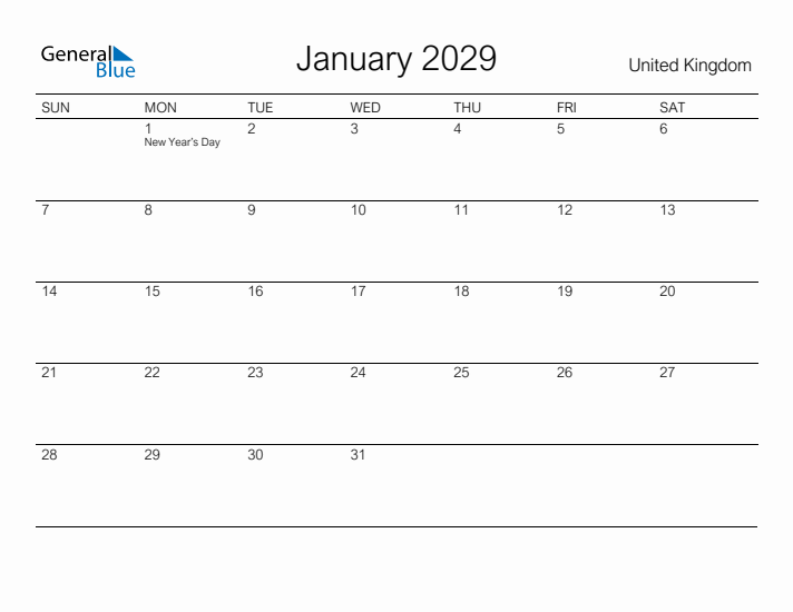 Printable January 2029 Calendar for United Kingdom