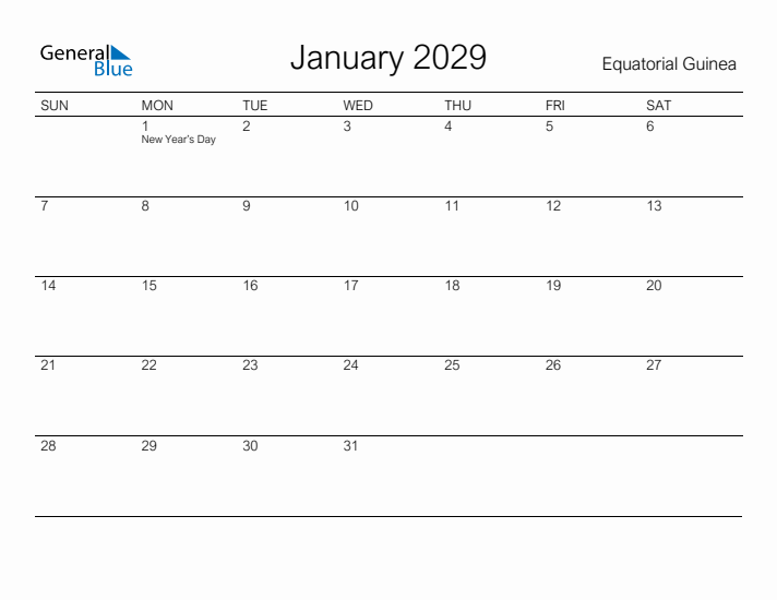 Printable January 2029 Calendar for Equatorial Guinea