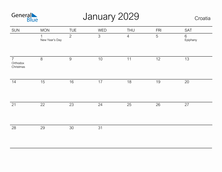 Printable January 2029 Calendar for Croatia