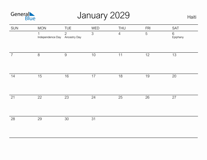 Printable January 2029 Calendar for Haiti