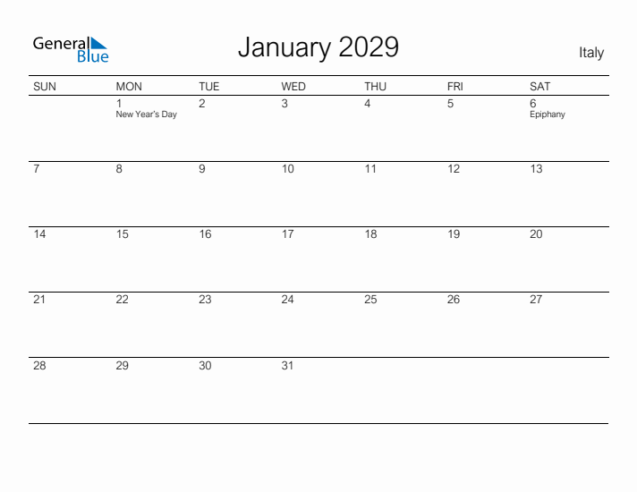 Printable January 2029 Calendar for Italy