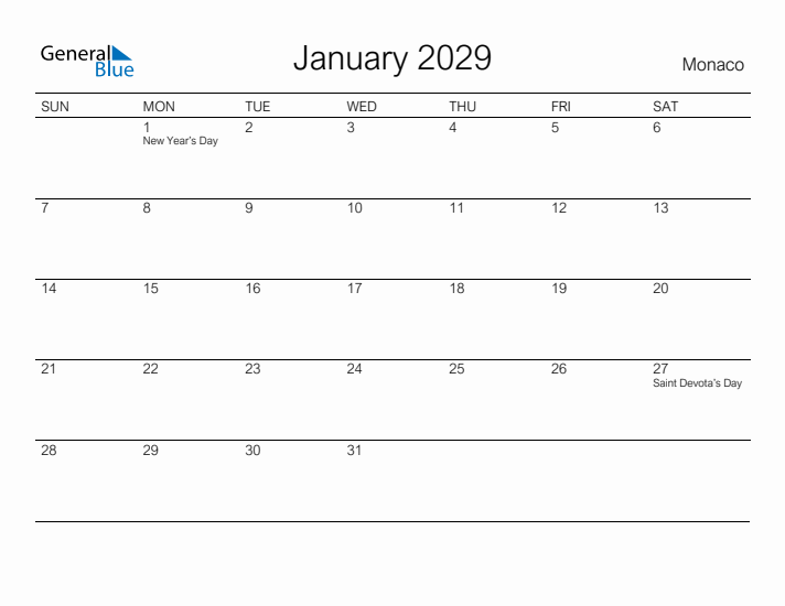 Printable January 2029 Calendar for Monaco
