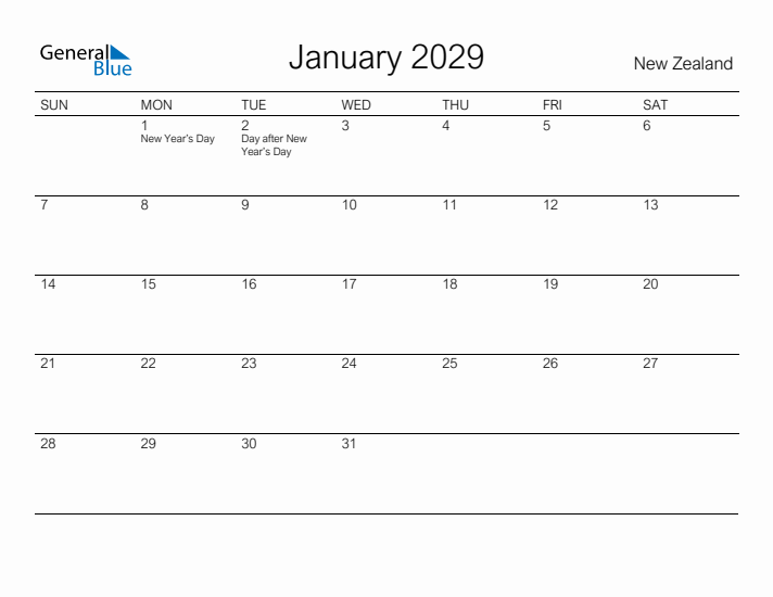 Printable January 2029 Calendar for New Zealand