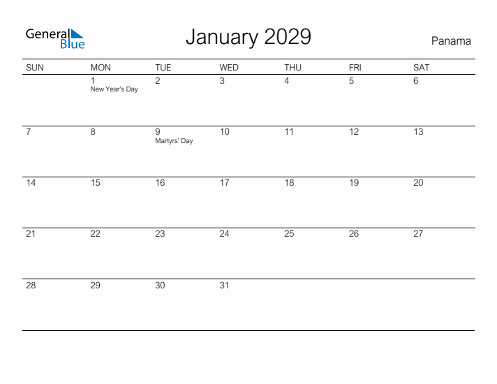 Printable January 2029 Calendar for Panama