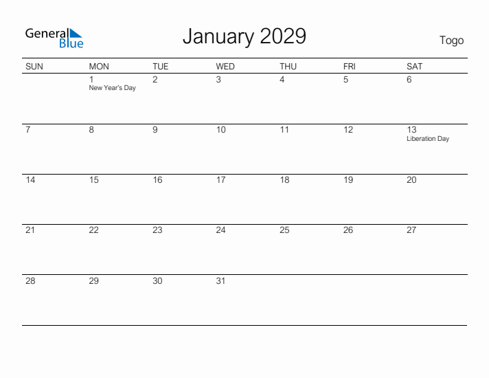 Printable January 2029 Calendar for Togo