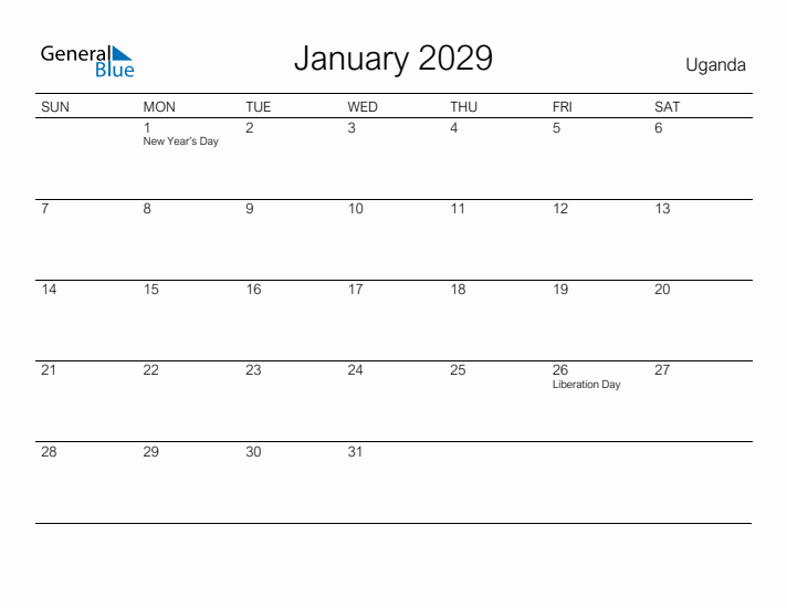 Printable January 2029 Calendar for Uganda
