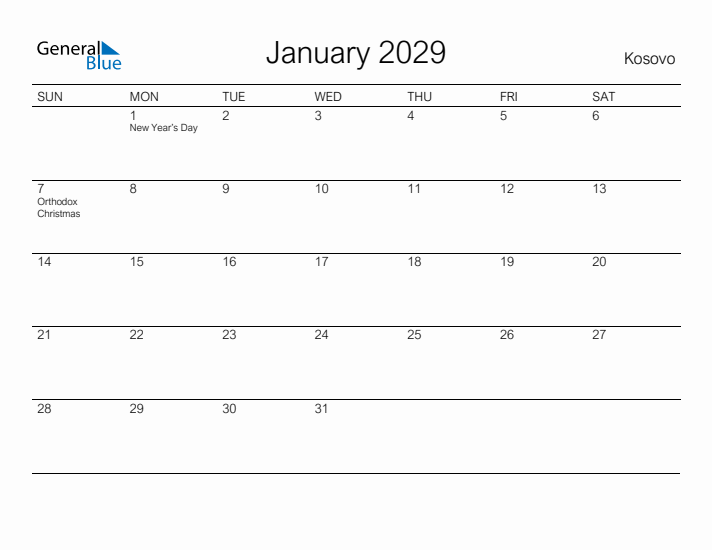 Printable January 2029 Calendar for Kosovo