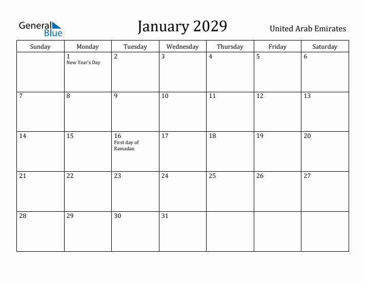 January 2029 Calendar United Arab Emirates