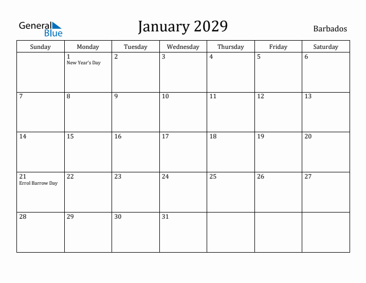 January 2029 Calendar Barbados