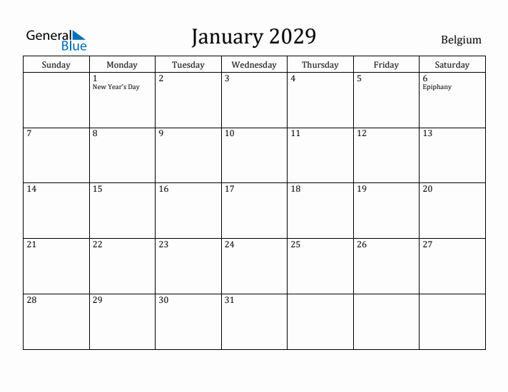 January 2029 Calendar Belgium