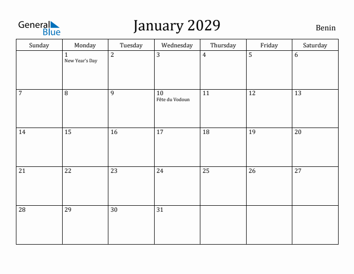 January 2029 Calendar Benin