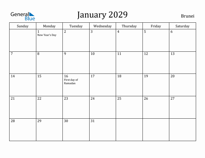 January 2029 Calendar Brunei