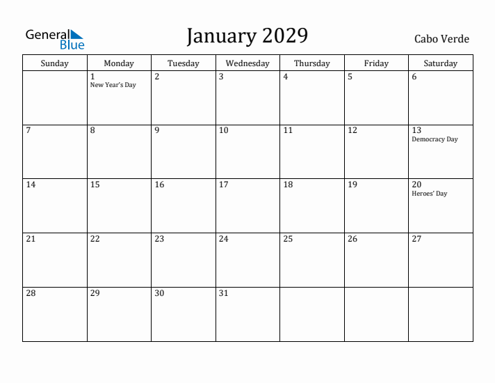 January 2029 Calendar Cabo Verde
