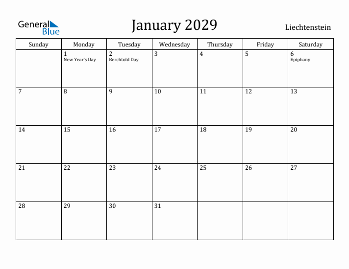 January 2029 Calendar Liechtenstein