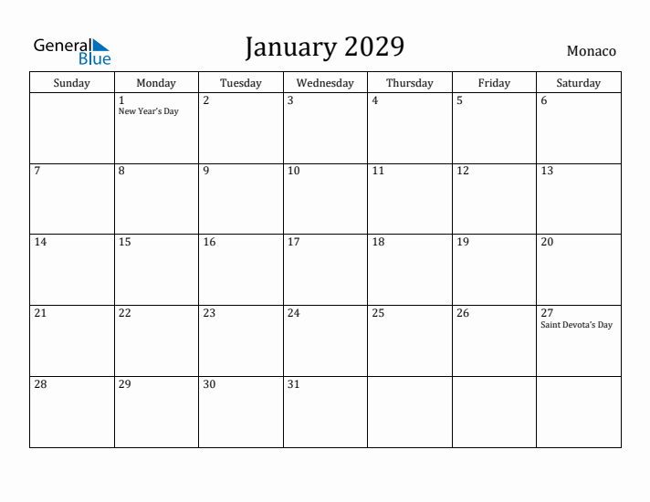 January 2029 Calendar Monaco