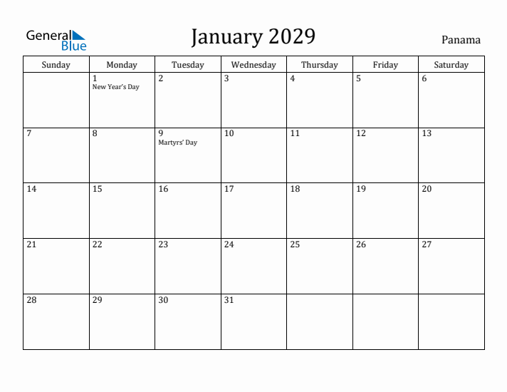 January 2029 Calendar Panama