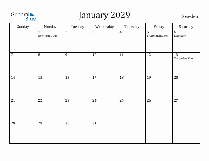 January 2029 Calendar Sweden
