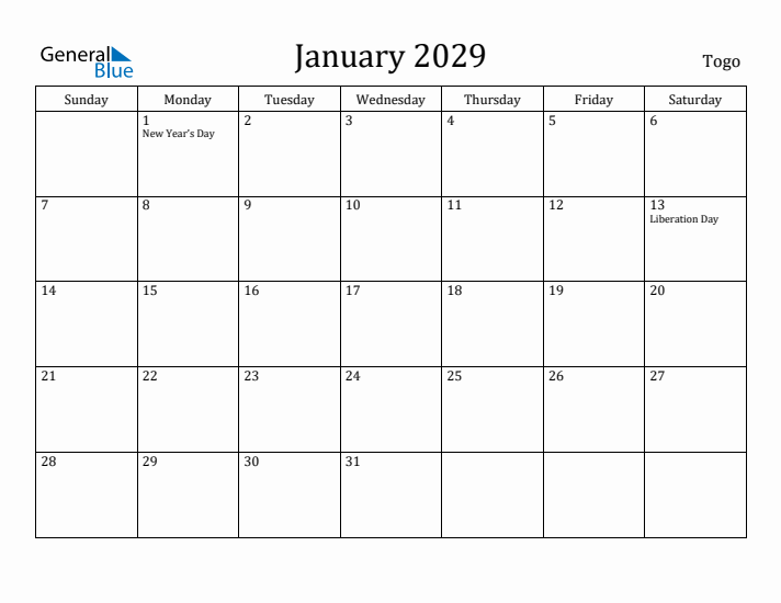 January 2029 Calendar Togo