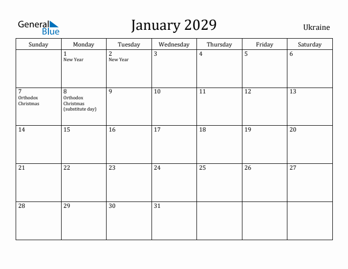 January 2029 Calendar Ukraine