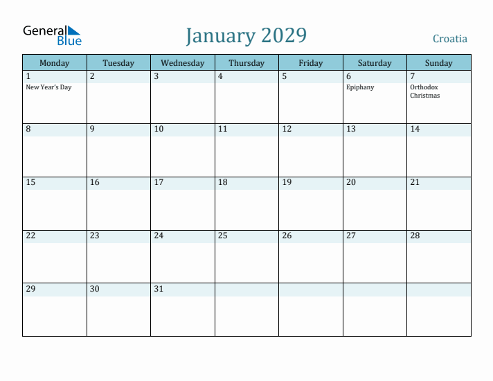 January 2029 Calendar with Holidays