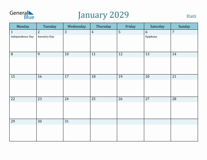 January 2029 Calendar with Holidays