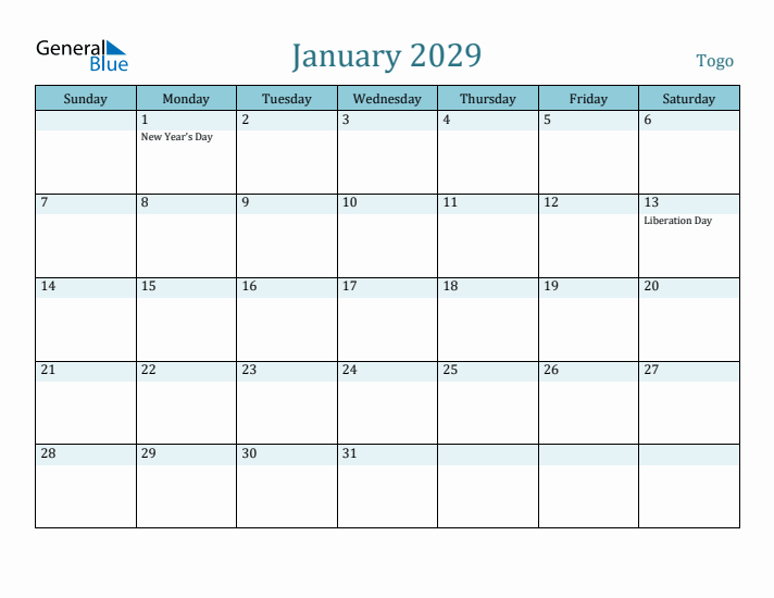 January 2029 Calendar with Holidays