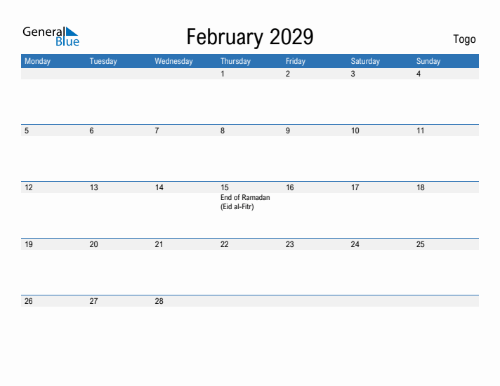 Fillable February 2029 Calendar