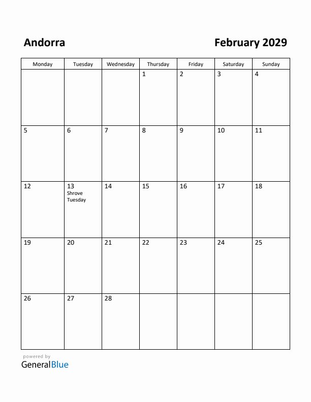 February 2029 Calendar with Andorra Holidays